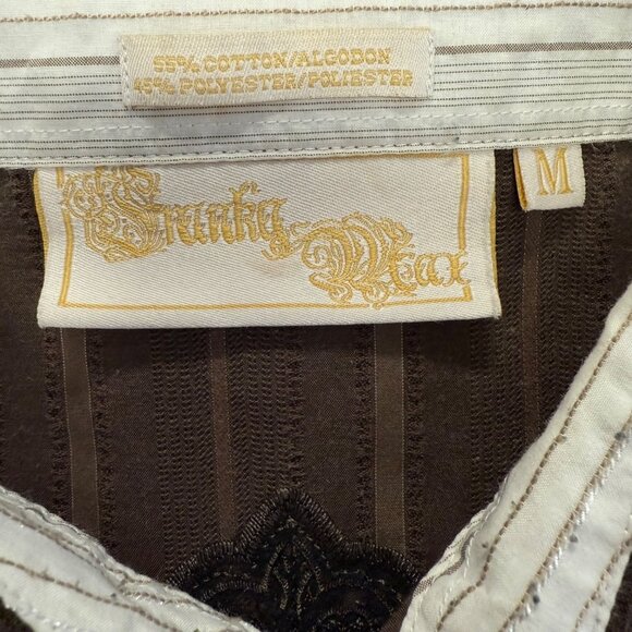 Spunky Wear Mens Brown Striped Button-Up Shirt Winged Cross Embroidery Sz Med - Picture 5 of 9